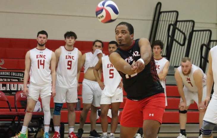 Men’s Volleyball Outlasts SUNY Poly, 3-2, in NECC Opener